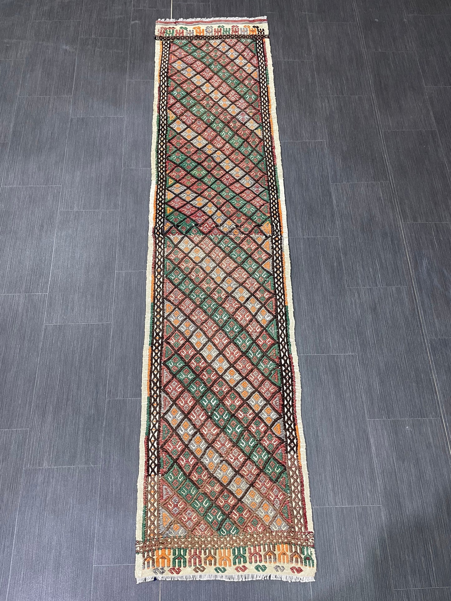Handmade Embroidery Runner Rug 1.8 x 8 Turkish Runner Rug Flat weave Vintage Runner Rug  Flat-woven Hallway Runner Rug Kitchen Runner