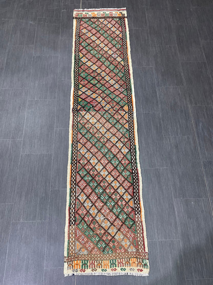 Handmade Embroidery Runner Rug 1.8 x 8 Turkish Runner Rug Flat weave Vintage Runner Rug  Flat-woven Hallway Runner Rug Kitchen Runner