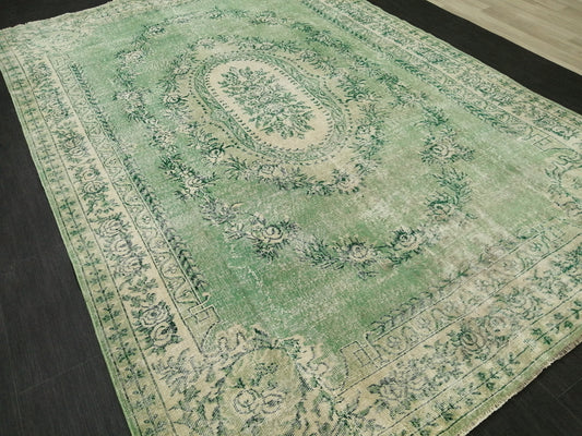 7 x 10.2 Green Vintage Rugs, Hand Made Rug, Oushak Rug, Rustic Rug 7x10 Oriental Rug, Turkish Rug, Farmhouse Rug, Vintage Rug 7x10 Wool rug