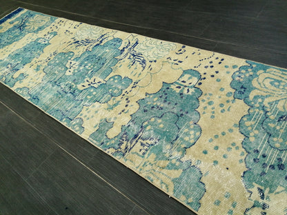 Oushak Runner Rug 10.5 X 2.5  Turkish Runner Rug Vintage Runner Rug  Beige and Blue Hallway Runner Rug Kitchen Runner Rug vinatgeturkish_rug