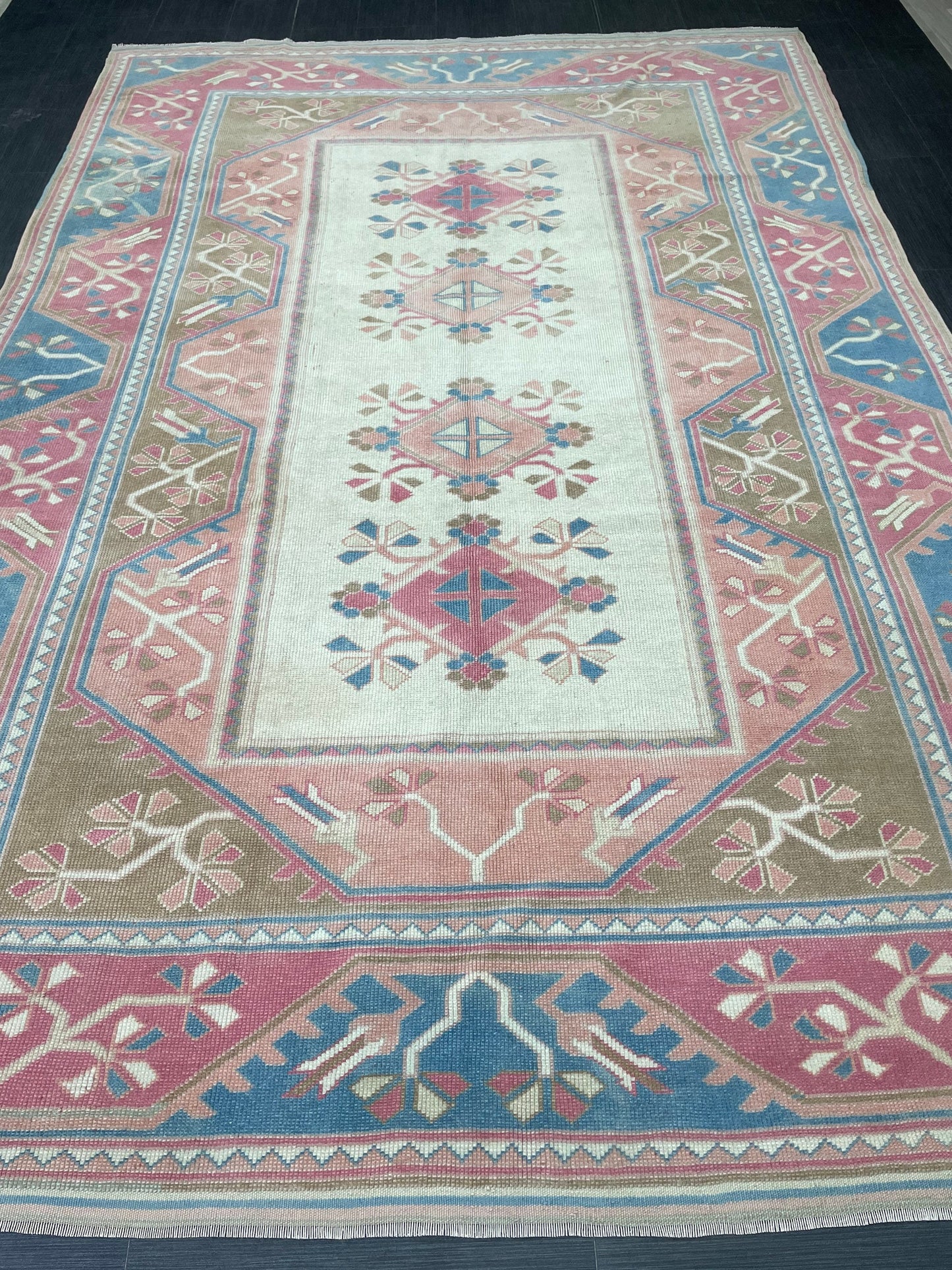 Hand Knotted Oushak Rug 6.8 x 10.3 Vintage Rug Handmade Turkish Rug Persian Rug Vintage Rug, Wool  Blue and Pink Rug Large Rug