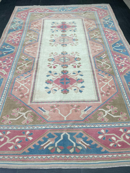 Hand Knotted Oushak Rug 6.8 x 10.3 Vintage Rug Handmade Turkish Rug Persian Rug Vintage Rug, Wool  Blue and Pink Rug Large Rug