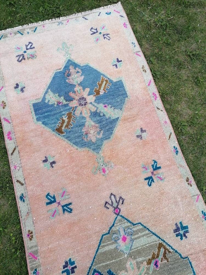 Vintage  blue runner, oushak wool runner 3x10'4 hallway green runner, turkish runner rug, entery runner, kitchen runner