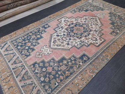 Blue and Pink OUSHAK RUG 6 x 11 TURKISH Rug Vintage Oriental Rug Vintage Persian Rug Wool Oushak Rug Hand Made Rug Vintage Turkish Rug