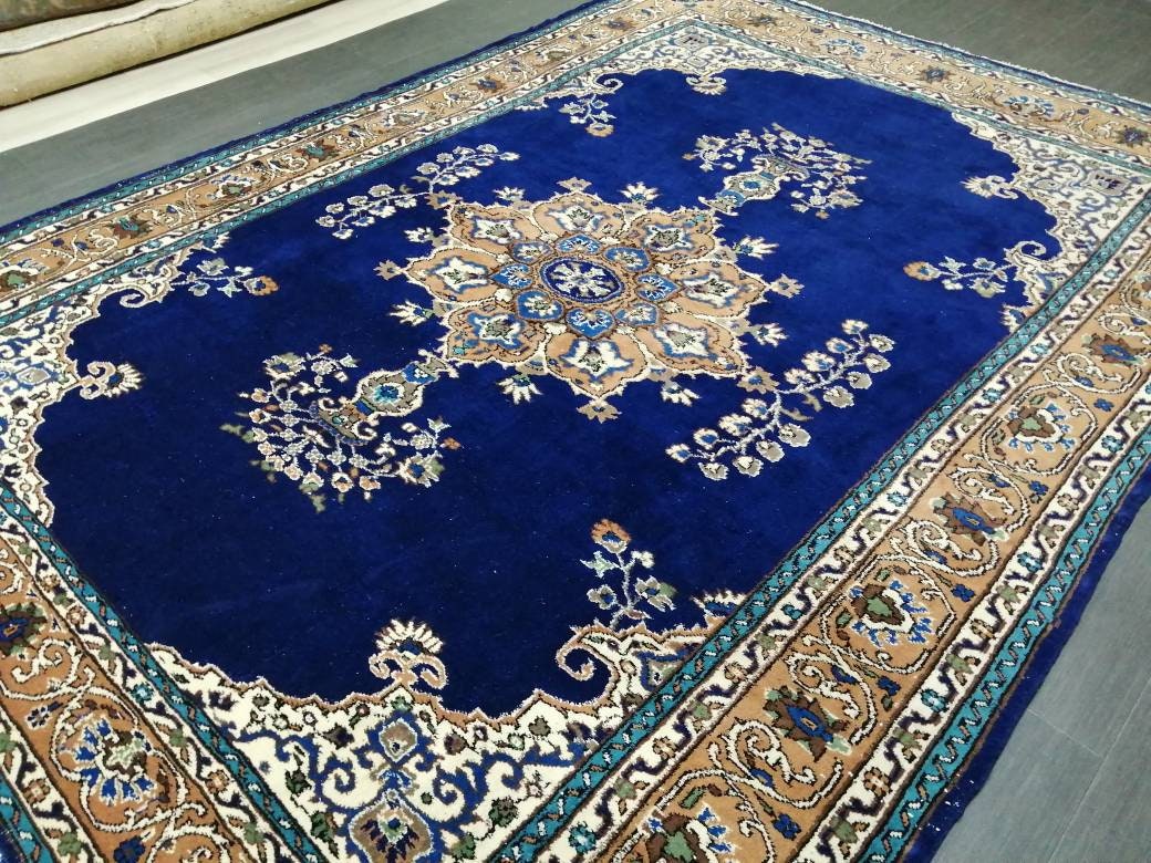 Navy High Wool Pile Vintage RUG 7 x 9.8 TURKISH Rug Vintage High Pile Oushak  Rug Vintage Rug Wool Oushak Rug Blue Rugs Persian Rug 7x10 rug