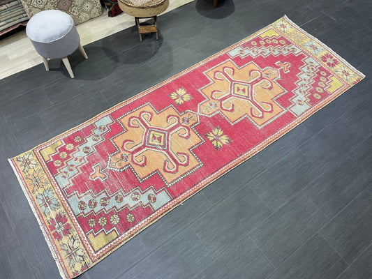 Turkish Runner Rug, Vintage Runner 3.4 x 9.3 Rug, Hallway Runner Rug, Kitchen Runner Rug, Persian Runner, Handmade Rug