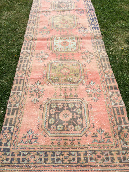 Vintage Turkish Runner Rug, 4x11 Oushak Runner Rug, Handmade Runner Rug, Hand Knotted Runner Rug Hallway Runner, Kitchen Runner