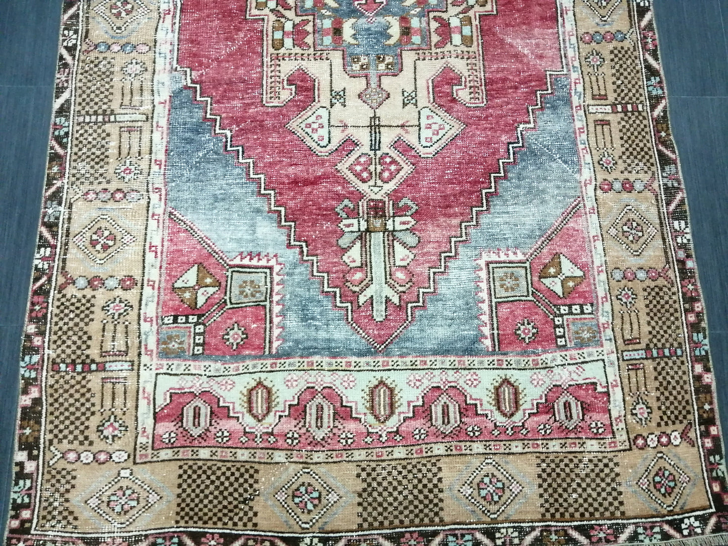 Muted OUSHAK RUG 4.2 x 8.3  Muted Vintage Rug Vintage Rug  Ice Blue Wool Oushak Rug Hand Made Rugs Vintage Turkish Rug