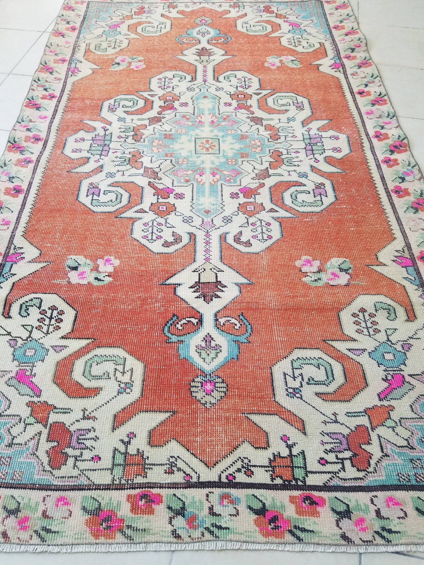 Oushak turkish rug, vintage rug, turkish area rugs, floor rug 7'4"x 4'4"