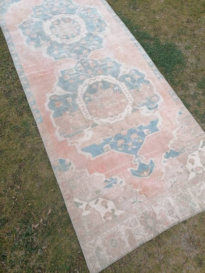 3.10 x 10.7 Muted vintage rug, oushak runner rug  hallway runner, kitchen vintage anatolian rug