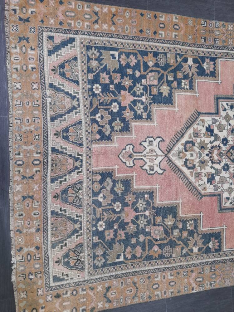Blue and Pink OUSHAK RUG 6 x 11 TURKISH Rug Vintage Oriental Rug Vintage Persian Rug Wool Oushak Rug Hand Made Rug Vintage Turkish Rug
