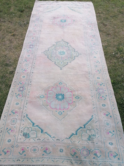 Oushak runner rug, turkish runner, vintage wool runner rug 4'10x11'6 hallway hand made rug, kitchen runner bohemian rug