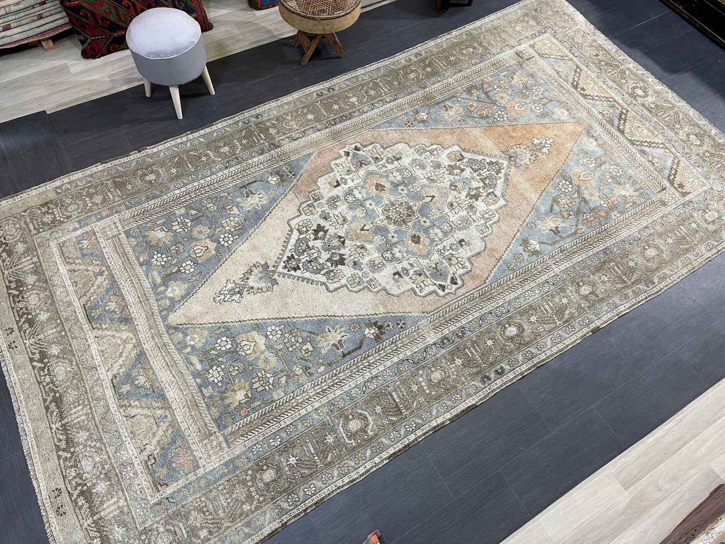 Wool TURKISH Rug, Muted Handmade 6.7 x 12.5 Rug, Hand Knotted Rug, Oushak Rug, Vintage Oriental Rug, Muted Persian Rug, Anatolian Rug