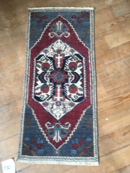 1.3x2.8 feet wool handmade kitchen floor mini rug, small door mat red, living room area mini rug, turkish vintage blue bedroom rug, bath mat