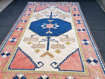 7'2x11 oushak wool rug, large turkish blue rug, vintage hand made rug, living room rug kitchen rug, vintage bohemian rug