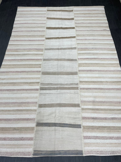 Neutral Vintage Rug 6.4 x 9.7 Stripe Wool Rug Muted Vintage Flat woven Rug Neutral Flatweave Carpet Stripped Rug Handmade Rug Turkish Kilim