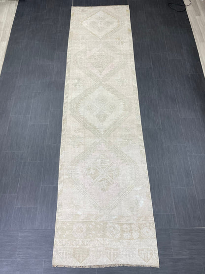 Muted Oushak Runner 3.2 x 12.5 Rug Turkish Runner Rug Vintage Runner Rug Hallway Runner Rug Kitchen Runner Rug Wool Runner Rug