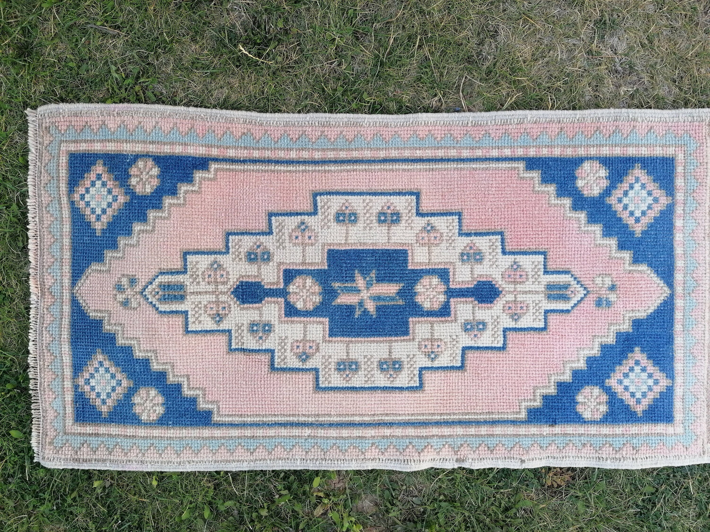 Blue pillow runner rug 1'10x7 hallway vintage rug, entryway hand made rug, kitchen runner