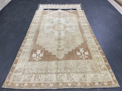 MUTED Handmade 4 x 7.3 Rug Vintage Turkish  Rug Brown Soft wool Rug NATURAL Wool Rug, Living Room Rug, Oushak Rug, Hand Knotted Kitchen Rug