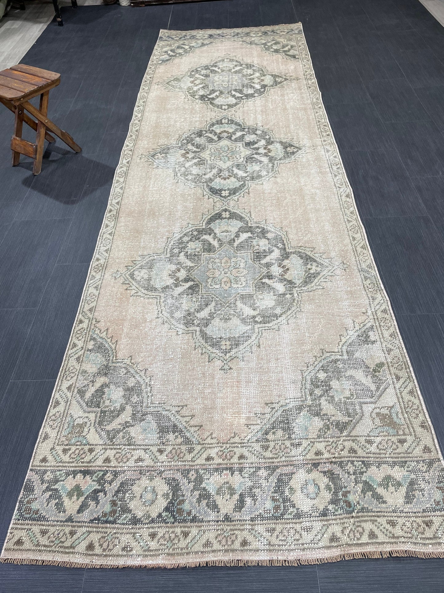 3.4 x 11.2 Faded Oushak Runner Rug Turkish Runner Rug Distressed Vintage Runner Rug Hallway Runner Kitchen Runner Wool Pastel Pink And Green