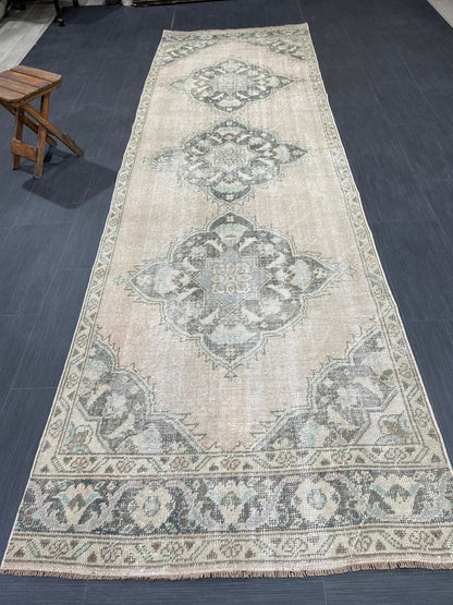 3.4 x 11.2 Faded Oushak Runner Rug Turkish Runner Rug Distressed Vintage Runner Rug Hallway Runner Kitchen Runner Wool Pastel Pink And Green