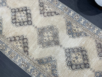 Hand Knotted Runner Rug Turkish Runner 3.8 x 10.8 Rug Vintage Gray Blue Runner Rug Hallway Runner Kitchen Runner Country modern Runner Rug