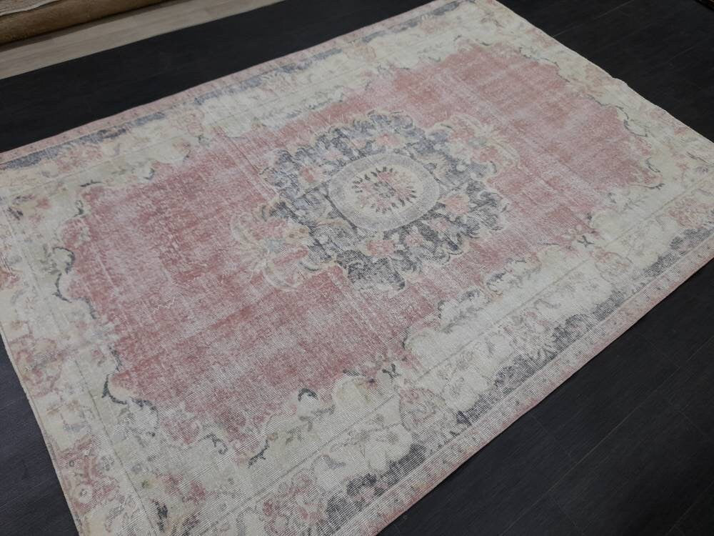 Distressed Vintage Rug TURKISH HAND MADE Rug 6 x 8.8 Vintage Turkish Rug Oushak Rug Turkish Oriental Rug Persian Vintage Oushak Rug Wool Rug