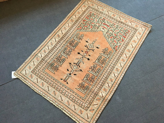 3x5 feet natural turkish living room floor rug, handmade vintage area large rug, hallway middle wide rug, oushak etnique style bedroom rugs