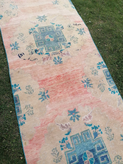3 x 12 Turkish wool runner rug, blue runner rug, vintage runner rug, kitchen runner rug,hallway runner rug, oushak runner
