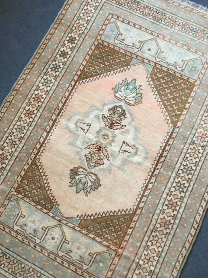 3.5'x5' feet handmade natural wool brown pink rug, turkish bedroom rug, wide oushak living room rug, large bathroom area rug,medium size rug