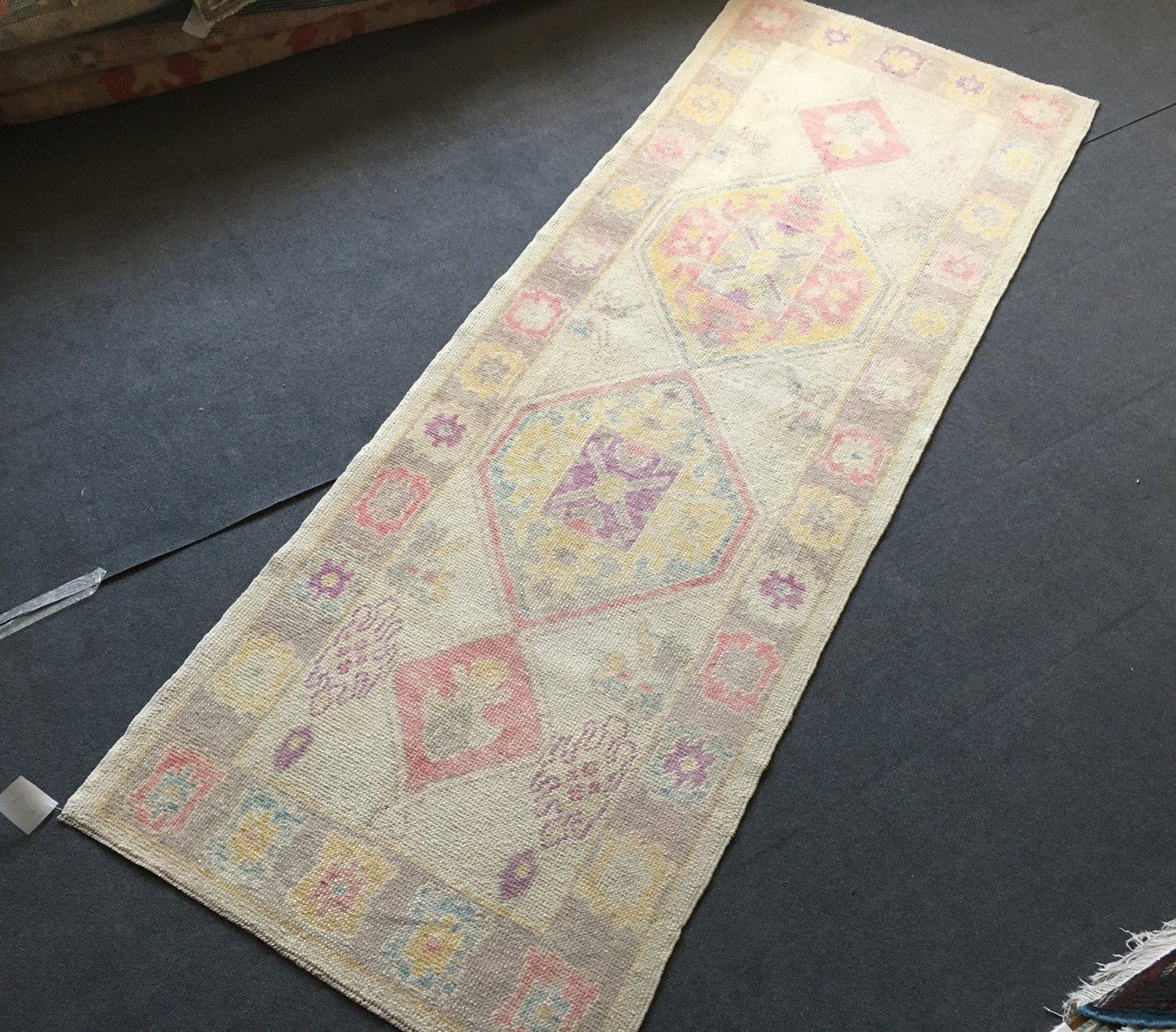 3x8 feet handmade new turkish runner rug, vintage destroyed beige wool kitchen floor runner, long oushak purple living room area runner rug