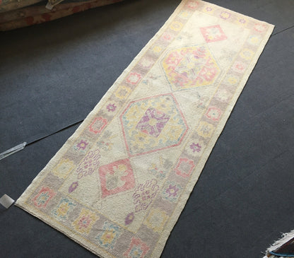 3x8 feet handmade new turkish runner rug, vintage destroyed beige wool kitchen floor runner, long oushak purple living room area runner rug