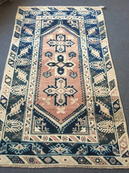 4x7 feet turkish large bedroom rug, handmade blue muted living room floor rug, vintage bathroom area rug, bohemian persian motif wool rugs