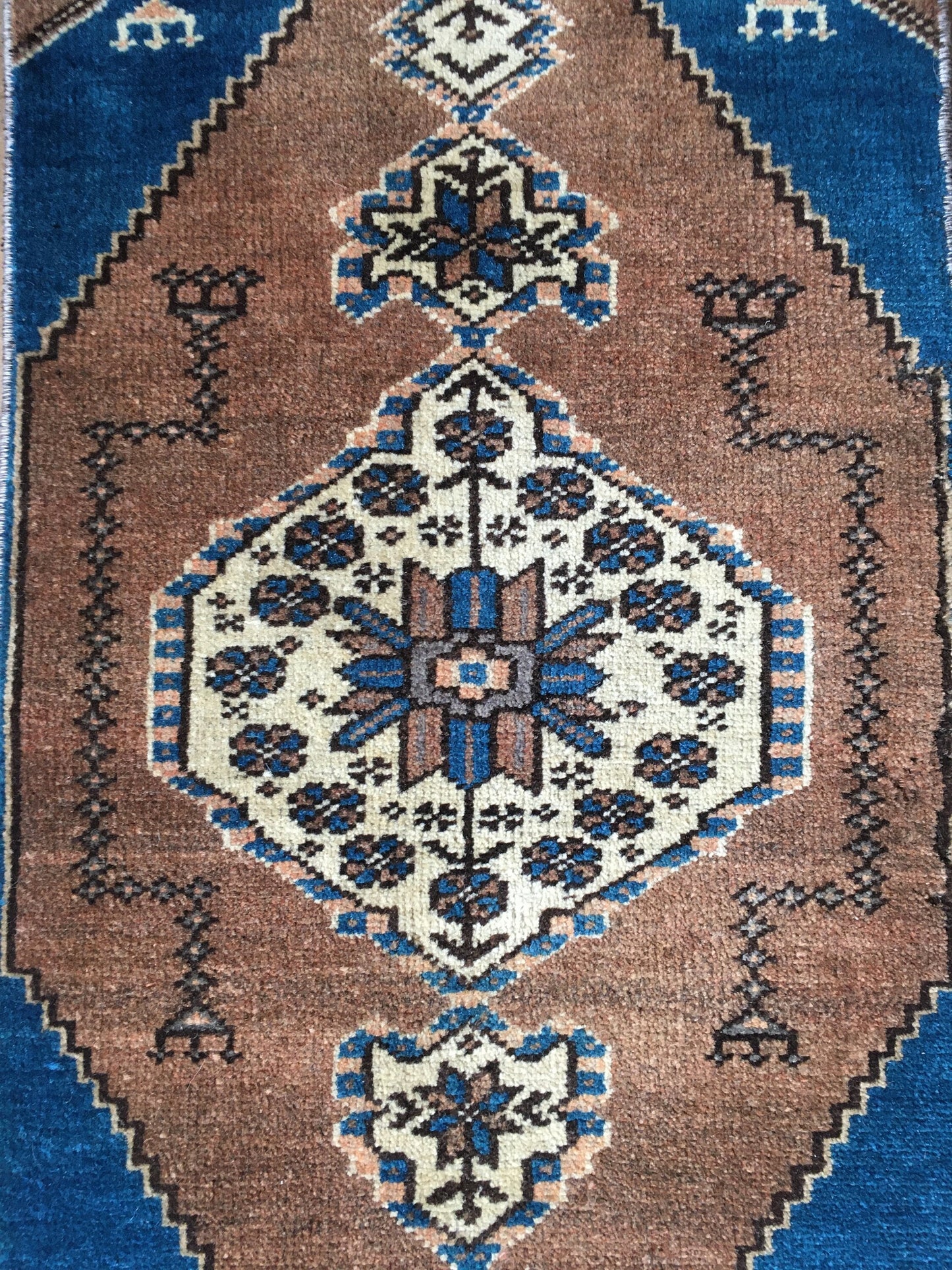 1.3x3 feet handmade turkish mini rug, vintage brown wool kitchen floor mini rug, small handmade blue laundry rug, small bath mat, mini rug