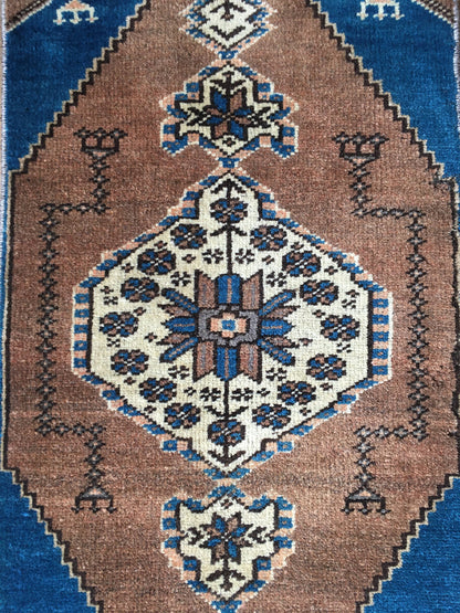 1.3x3 feet handmade turkish mini rug, vintage brown wool kitchen floor mini rug, small handmade blue laundry rug, small bath mat, mini rug