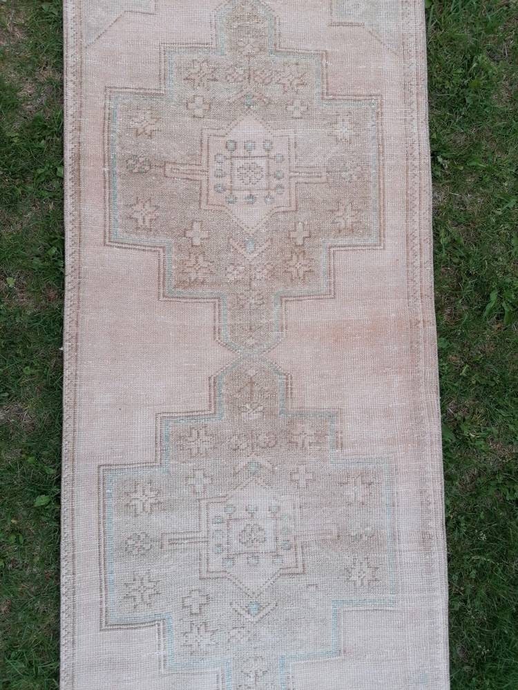 Muted hallway wool runner rug 2'7x8'4 handmade runner  vintage oushak runner, turkish runner rug