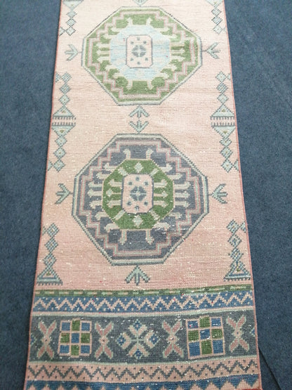 2.3 x 11.2 Oushak Runner Turkish Runner Rug Vintage Runner Rug Hallway Runner Rug Turkish Rug Runner Wool Runner Rug Green and Pink Runner