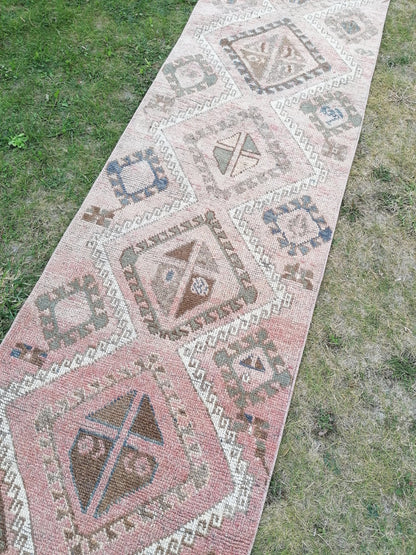 3x11 long persian motif runner rug, handmade wool brown entryway runner, turkish anatolian runner, kitchen oushak runner,vintage hallway rug