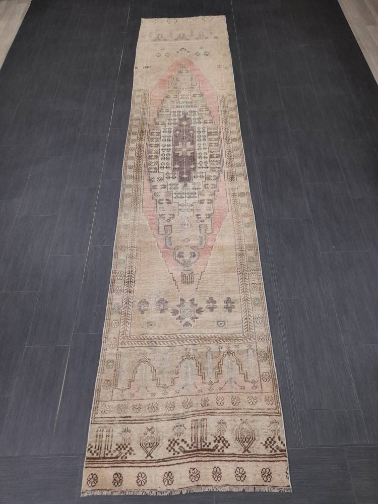 WOOL Oriental Runner Rug Turkish Runner Rug 2.5 x 12 Muted Vintage High Pile Runner Hallway Runner Rug Kitchen Runner Rug Persian Runner Rug