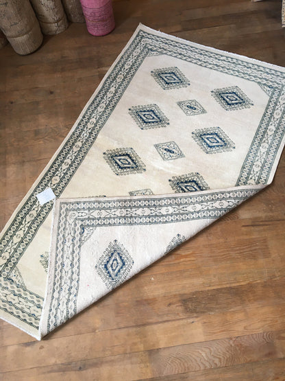 3x5 feet handmade blue turkish rug, oushak white large rug, vintage wool living room area rug, hallway old oriental rug, large floor rugs