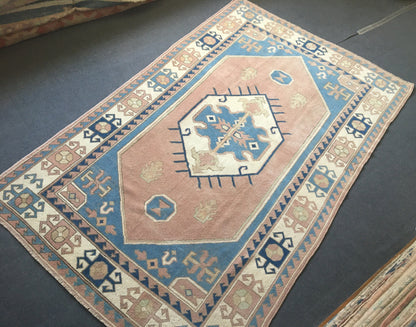 5x8 feet pink muted turkish wool large carpet, handmade vintage wide carpet, oushak bedroom rug, kitchen floor blue rug, laundry etnique rug