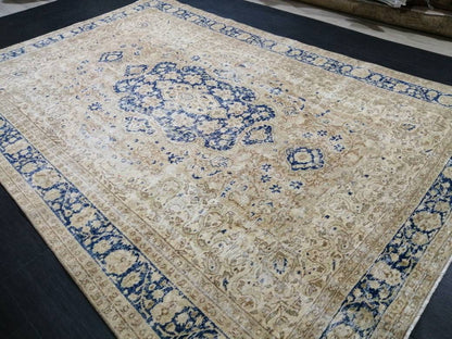 Large Persian RUG 7x10 Oriental Rug Vintage Oushak Runner Rug Rug Wool Turkish Rug Hand Made Rug Blue Vintage Persian Rug Blue and cream
