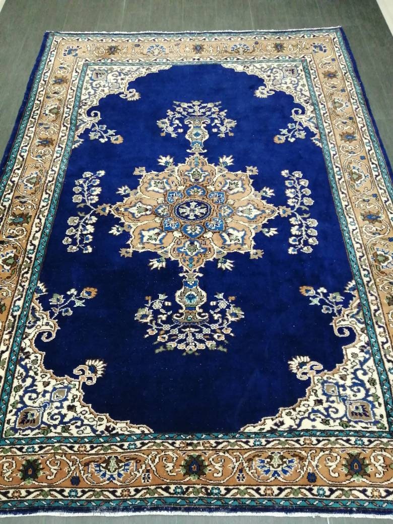 Navy High Wool Pile Vintage RUG 7 x 9.8 TURKISH Rug Vintage High Pile Oushak  Rug Vintage Rug Wool Oushak Rug Blue Rugs Persian Rug 7x10 rug