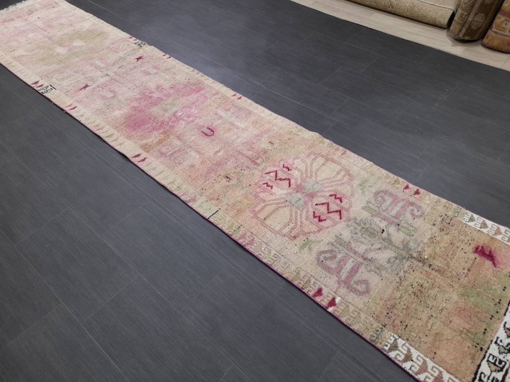 Muted Vintage Runner Rug Vintage Persian Runner Rug 2.4 x 12.4 Hallway Runner Rug Turkish Kitchen Runner Rug Antique Wool Oriental Runner