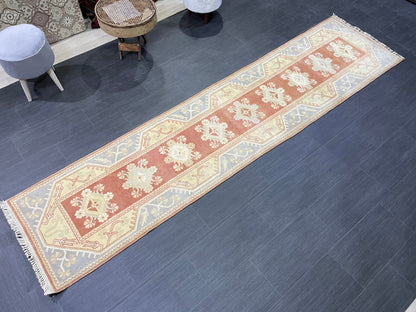 Vintage Hand Knotted Rug, Natural Wool Runner 2.7 x 10.5 Rug, Handmade Runner Rug, Turkish Runner Rug, Muted Runner Rug, Wool Kitchen Runner