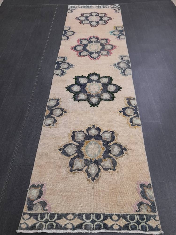 Muted Vintage Runner Rug 2.7 x 10.4 Muted Turkish Runner Rug Hand Made Runner Rug Vintage Runner Rug Hallway Runner Rug Distressed Runner