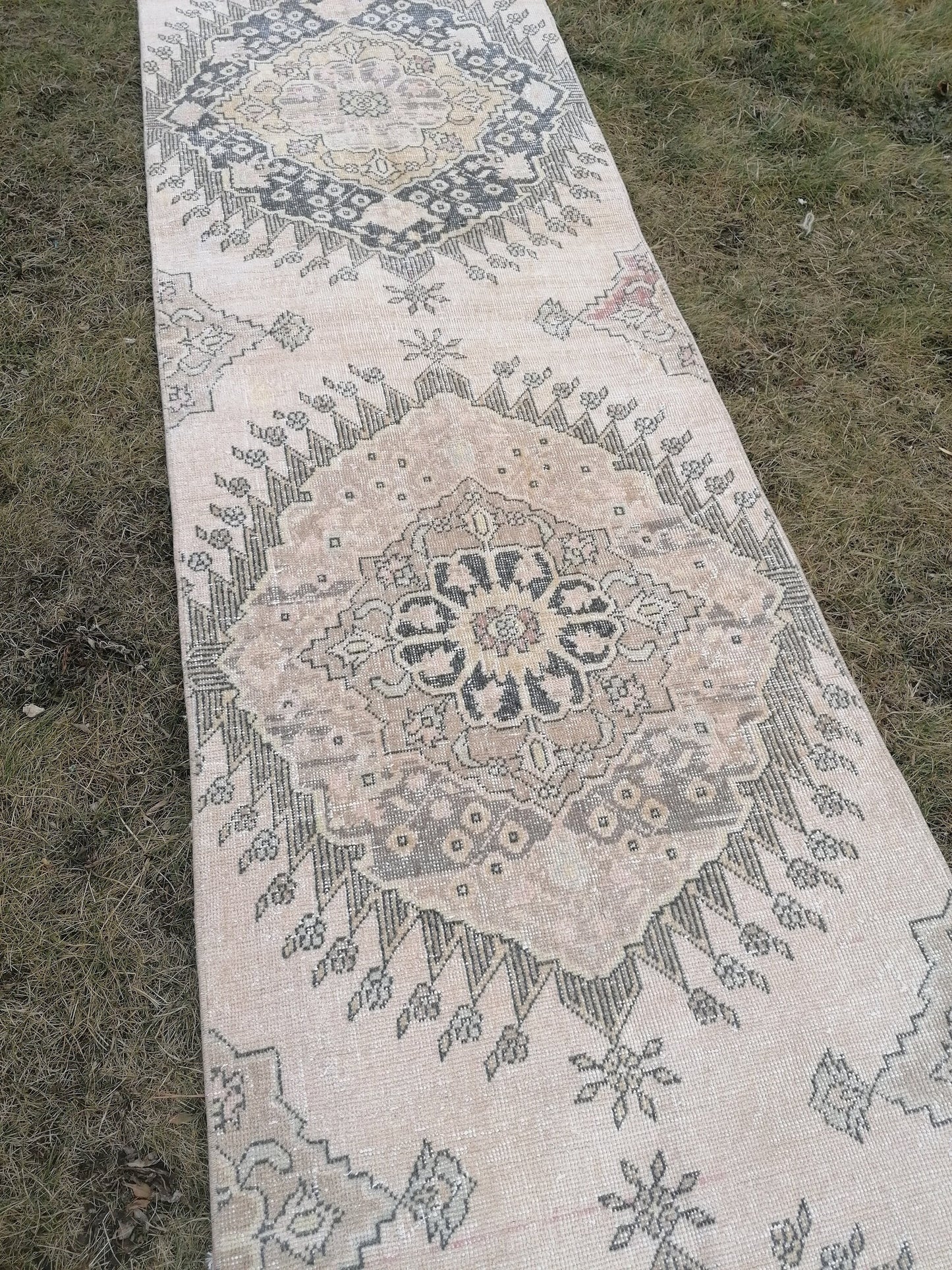 2'9x13 vintage hallway runner rug, neutral oushak runner rug, handmade runner, kitchen runner