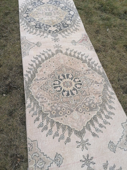 2'9x13 vintage hallway runner rug, neutral oushak runner rug, handmade runner, kitchen runner