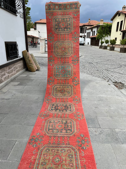 Extra Long Turkish Runner Very Long Oushak Runner Rug 2.6 x 20.5 Vintage Stair Runner Rug XL Oriental Runner Rug Staircase Red Runner