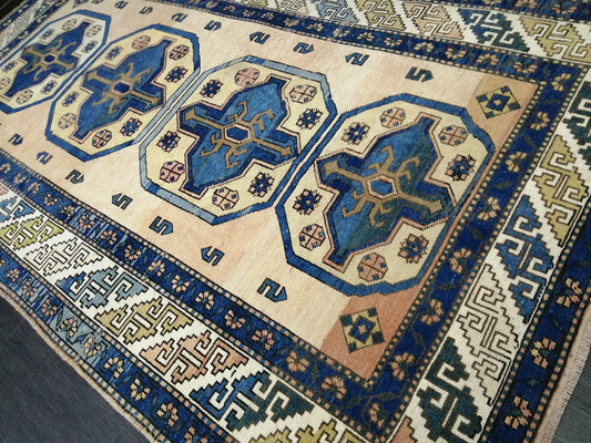 Vintage RUG 8 x 5.2 TURKISH Oushak Rug Blue Vintage Oushak Runner Rug Vintage Runner Rug Wool Oushak Rug Hand Made Rugs Vintage Turkish Rug